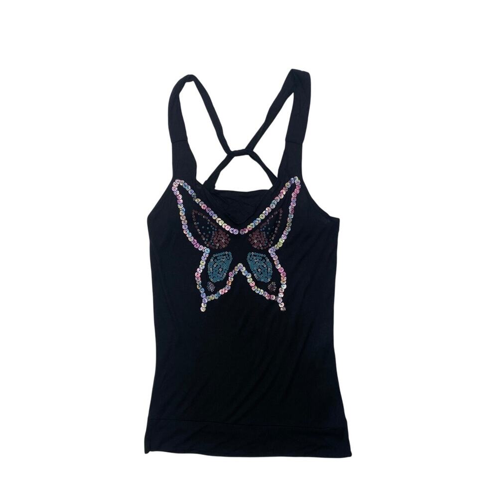Y2K Sequin Butterfly Applique Black Tank Top